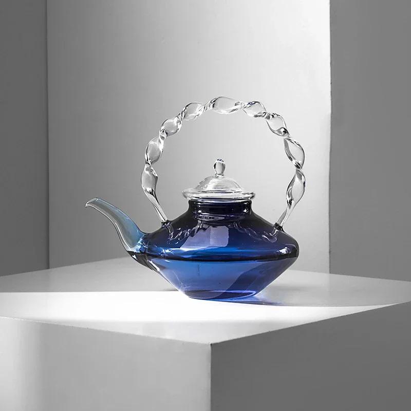 Glass Teapot PitcherFilter Blue Twisted Handle Borosilicate Glass Pot Teacup Set Water Bottle Glassware Teaware Jug